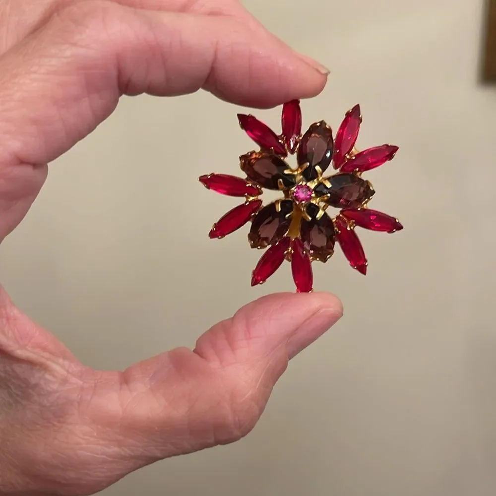 Vintage Floral Rhinestone Pin Red, Purple and Pin